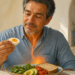 Hombre adulto sentado ante una comida equilibrada mientras sostiene medio huevo cocido, con verduras, aguacate, tomate y pan integral sobre el plato.
