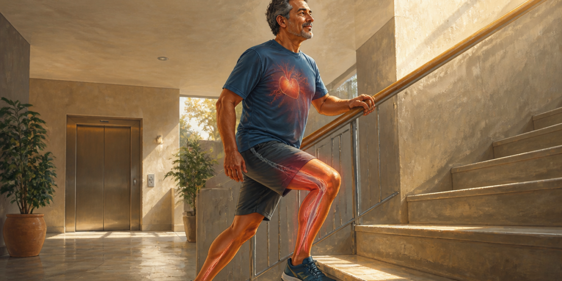 Hombre adulto subiendo escaleras en un edificio, con una ilustración del corazón sobre el pecho y un resaltado anatómico en las piernas que representa el esfuerzo físico.