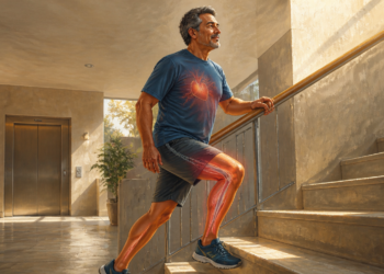 Hombre adulto subiendo escaleras en un edificio, con una ilustración del corazón sobre el pecho y un resaltado anatómico en las piernas que representa el esfuerzo físico.