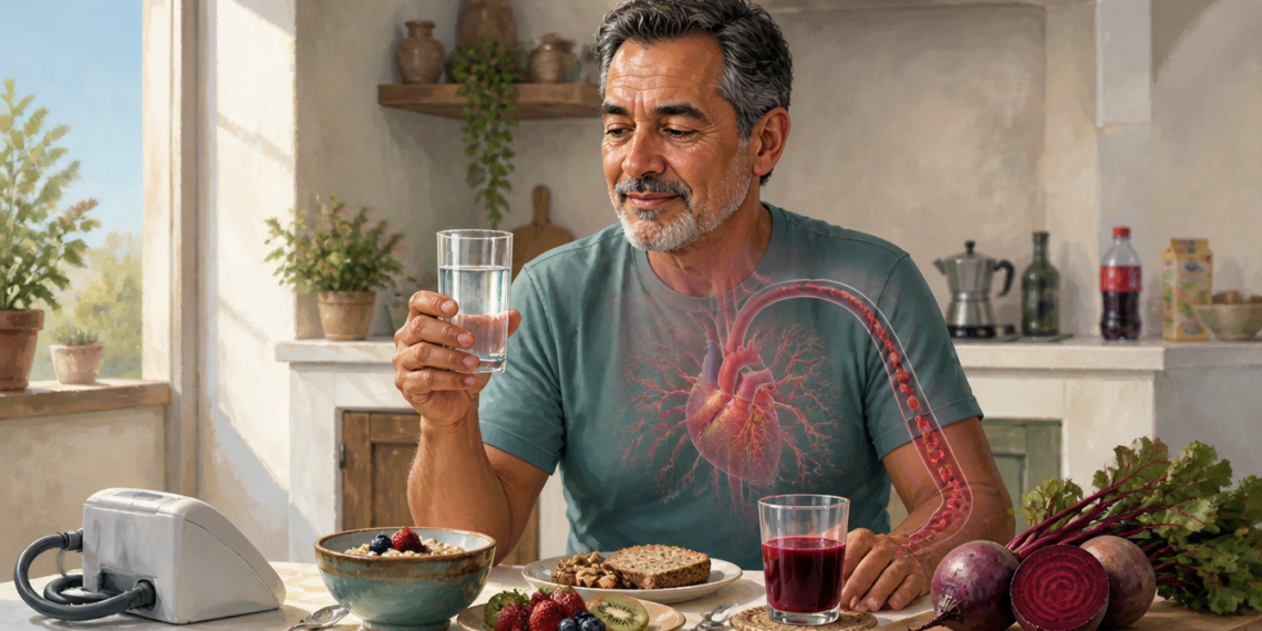 Hombre adulto sosteniendo un vaso de agua ante una mesa con remolacha, zumo de remolacha, fruta, avena y pan integral, junto a un tensiómetro y una ilustración del corazón y las arterias.