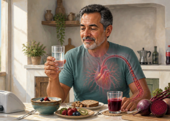 Hombre adulto sosteniendo un vaso de agua ante una mesa con remolacha, zumo de remolacha, fruta, avena y pan integral, junto a un tensiómetro y una ilustración del corazón y las arterias.