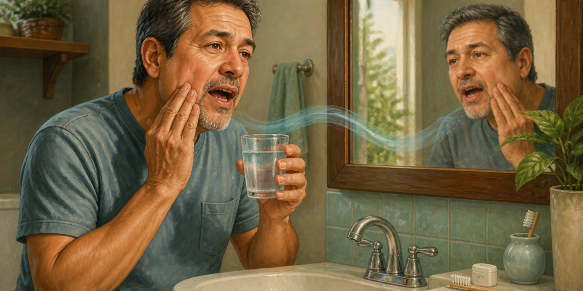 Hombre adulto frente al espejo del baño, tocándose una mejilla mientras sostiene un vaso con agua para realizar un enjuague casero ante unas encías inflamadas.