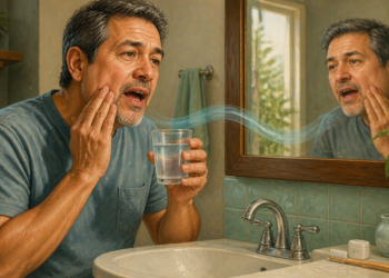 Hombre adulto frente al espejo del baño, tocándose una mejilla mientras sostiene un vaso con agua para realizar un enjuague casero ante unas encías inflamadas.