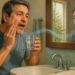 Hombre adulto frente al espejo del baño, tocándose una mejilla mientras sostiene un vaso con agua para realizar un enjuague casero ante unas encías inflamadas.