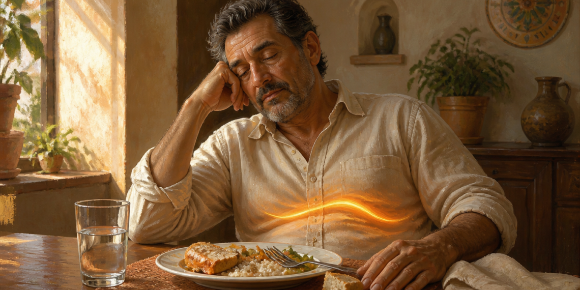 Hombre adulto con expresión de cansancio y los ojos cerrados, sentado ante un plato de comida después de comer, con una línea luminosa sobre el abdomen que representa la respuesta de la glucosa.