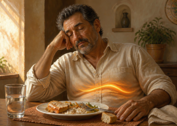 Hombre adulto con expresión de cansancio y los ojos cerrados, sentado ante un plato de comida después de comer, con una línea luminosa sobre el abdomen que representa la respuesta de la glucosa.