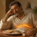 Hombre adulto con expresión de cansancio y los ojos cerrados, sentado ante un plato de comida después de comer, con una línea luminosa sobre el abdomen que representa la respuesta de la glucosa.