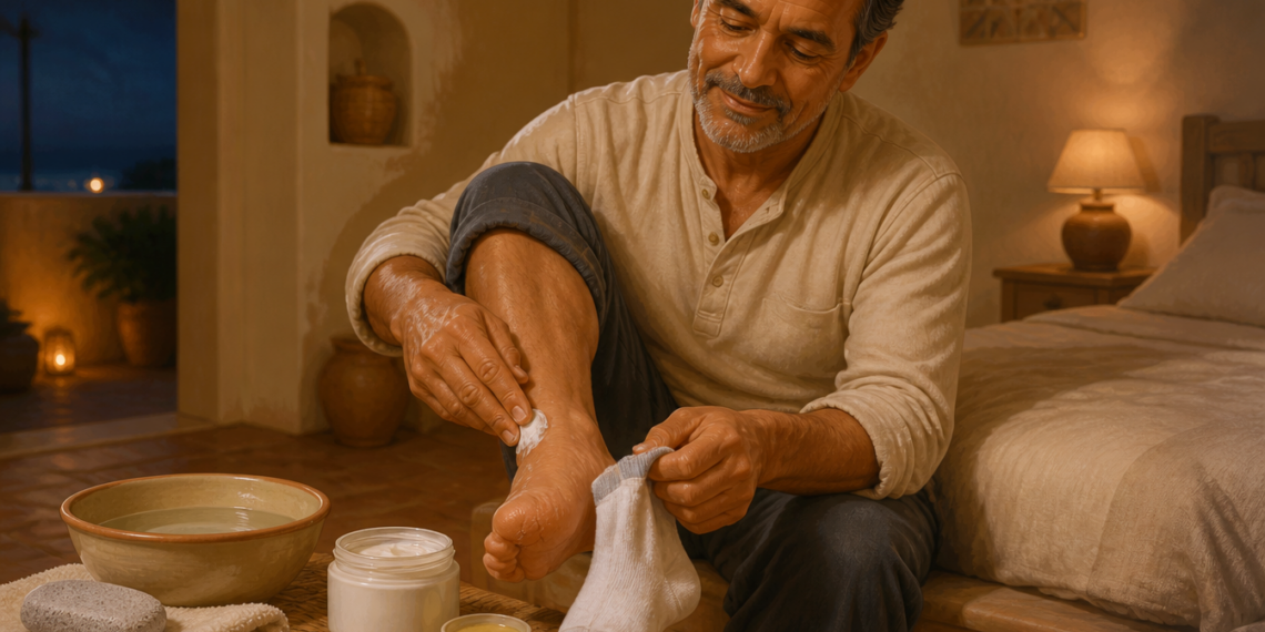 Hombre adulto sentado junto a la cama mientras aplica una crema en el talón y sostiene un calcetín, con un cuenco de agua y productos de cuidado de los pies delante.