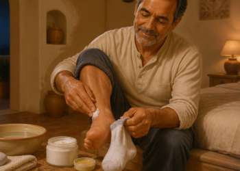 Hombre adulto sentado junto a la cama mientras aplica una crema en el talón y sostiene un calcetín, con un cuenco de agua y productos de cuidado de los pies delante.