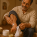 Hombre adulto sentado junto a la cama mientras aplica una crema en el talón y sostiene un calcetín, con un cuenco de agua y productos de cuidado de los pies delante.