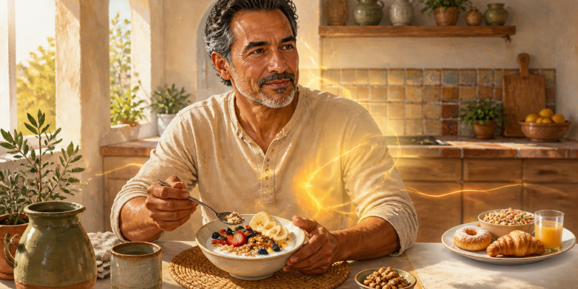 Hombre adulto desayunando un cuenco con avena, fruta, frutos secos y huevo, mientras a un lado aparecen bollería, cereales azucarados y zumo.