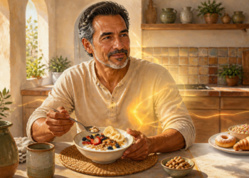 Hombre adulto desayunando un cuenco con avena, fruta, frutos secos y huevo, mientras a un lado aparecen bollería, cereales azucarados y zumo.