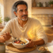 Hombre adulto desayunando un cuenco con avena, fruta, frutos secos y huevo, mientras a un lado aparecen bollería, cereales azucarados y zumo.