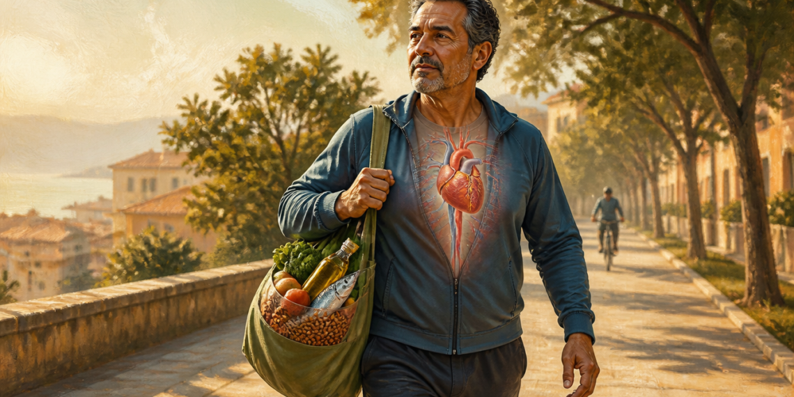 Hombre adulto caminando al aire libre con una bolsa de alimentos saludables, mientras una ilustración anatómica del corazón y los vasos sanguíneos aparece sobre su pecho.