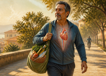 Hombre adulto caminando al aire libre con una bolsa de alimentos saludables, mientras una ilustración anatómica del corazón y los vasos sanguíneos aparece sobre su pecho.