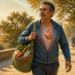 Hombre adulto caminando al aire libre con una bolsa de alimentos saludables, mientras una ilustración anatómica del corazón y los vasos sanguíneos aparece sobre su pecho.