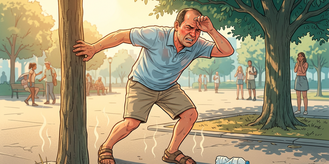 Ilustración de un hombre sufriendo un golpe de calor en un parque, apoyado contra un árbol, visiblemente sudoroso y angustiado.