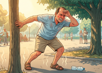Ilustración de un hombre sufriendo un golpe de calor en un parque, apoyado contra un árbol, visiblemente sudoroso y angustiado.