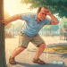 Ilustración de un hombre sufriendo un golpe de calor en un parque, apoyado contra un árbol, visiblemente sudoroso y angustiado.