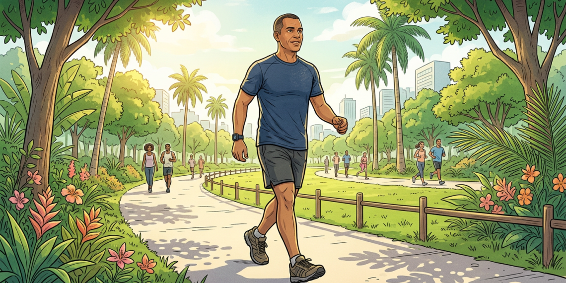 Un hombre de mediana edad caminando por un parque soleado y lleno de vegetación, con otras personas realizando ejercicio al fondo, ilustrando el hábito de caminar para la salud cardiovascular.
