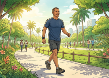 Un hombre de mediana edad caminando por un parque soleado y lleno de vegetación, con otras personas realizando ejercicio al fondo, ilustrando el hábito de caminar para la salud cardiovascular.
