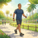 Un hombre de mediana edad caminando por un parque soleado y lleno de vegetación, con otras personas realizando ejercicio al fondo, ilustrando el hábito de caminar para la salud cardiovascular.