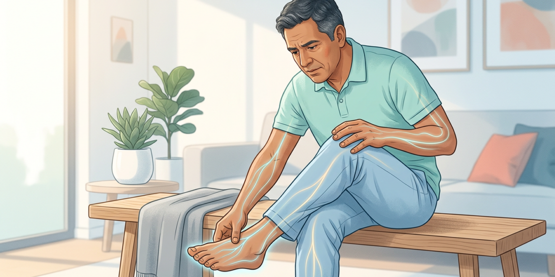 Ilustración de un hombre sentado tocándose el pie, con líneas luminosas a lo largo de sus extremidades que representan dolor nervioso u hormigueo.