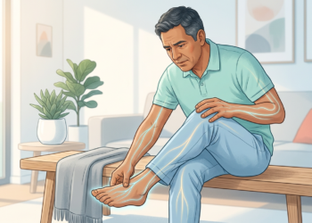 Ilustración de un hombre sentado tocándose el pie, con líneas luminosas a lo largo de sus extremidades que representan dolor nervioso u hormigueo.