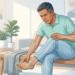 Ilustración de un hombre sentado tocándose el pie, con líneas luminosas a lo largo de sus extremidades que representan dolor nervioso u hormigueo.