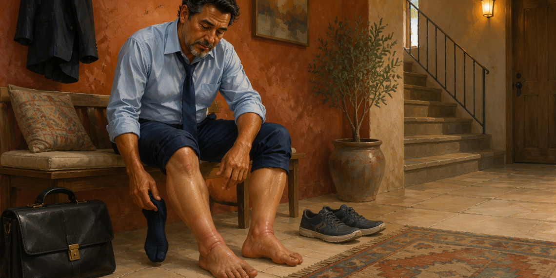 Hombre adulto sentado en un banco se quita un calcetín y observa sus piernas y tobillos hinchados al final de la jornada, con zapatos y un maletín en el suelo.