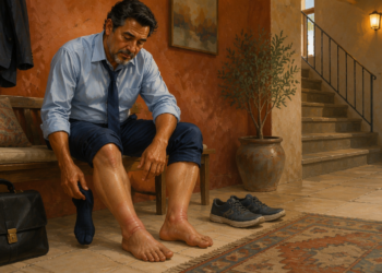 Hombre adulto sentado en un banco se quita un calcetín y observa sus piernas y tobillos hinchados al final de la jornada, con zapatos y un maletín en el suelo.