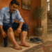 Hombre adulto sentado en un banco se quita un calcetín y observa sus piernas y tobillos hinchados al final de la jornada, con zapatos y un maletín en el suelo.