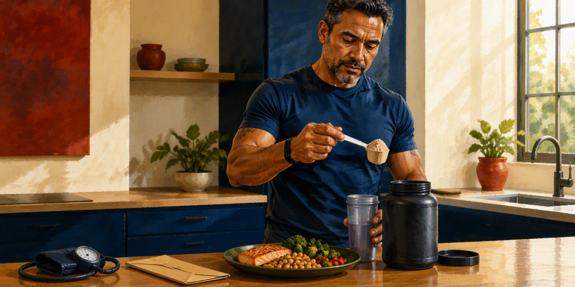 Hombre atlético añade una medida de proteína en polvo a un vaso mezclador, junto a un plato con salmón, legumbres y verduras y un tensiómetro sobre la mesa.
