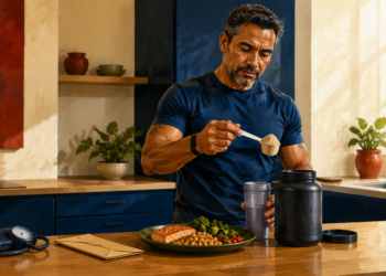 Hombre atlético añade una medida de proteína en polvo a un vaso mezclador, junto a un plato con salmón, legumbres y verduras y un tensiómetro sobre la mesa.