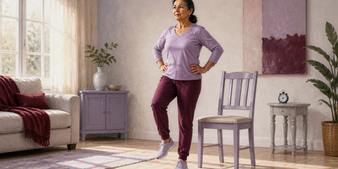Mujer mayor mantiene el equilibrio sobre una sola pierna con las manos en la cintura, junto a una silla, en un salón luminoso.