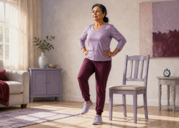 Mujer mayor mantiene el equilibrio sobre una sola pierna con las manos en la cintura, junto a una silla, en un salón luminoso.