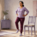 Mujer mayor mantiene el equilibrio sobre una sola pierna con las manos en la cintura, junto a una silla, en un salón luminoso.