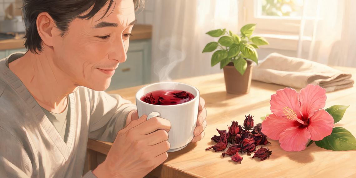 Un hombre sonriente sostiene una taza de té rojo humeante junto a flores de hibisco secas y frescas sobre una mesa de madera clara.