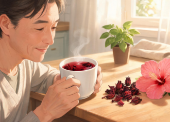 Un hombre sonriente sostiene una taza de té rojo humeante junto a flores de hibisco secas y frescas sobre una mesa de madera clara.