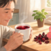 Un hombre sonriente sostiene una taza de té rojo humeante junto a flores de hibisco secas y frescas sobre una mesa de madera clara.