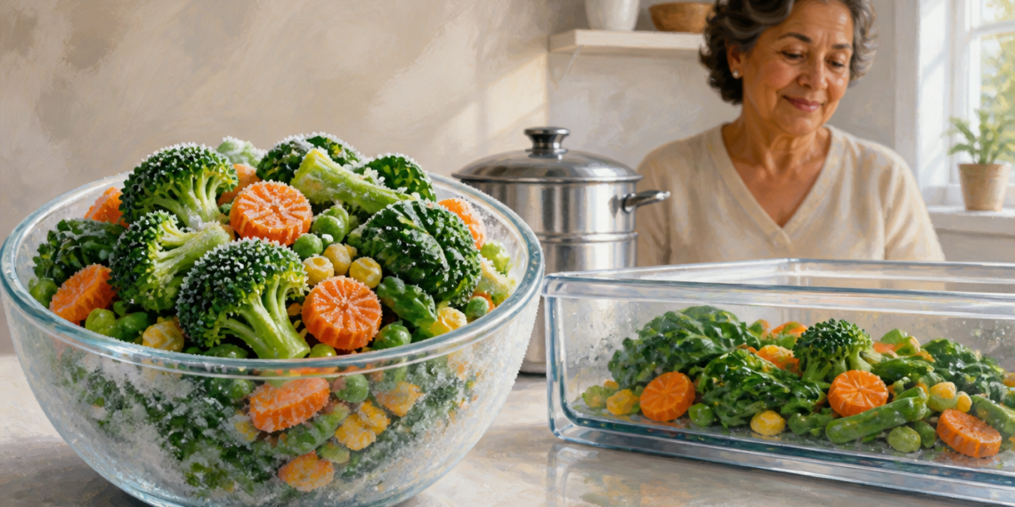 Cuenco de vidrio con verduras congeladas cubiertas de escarcha junto a un recipiente con verduras listas para cocinar, mientras una mujer sonríe en una cocina luminosa, en una comparación entre verduras congeladas y frescas.