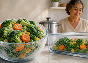 Cuenco de vidrio con verduras congeladas cubiertas de escarcha junto a un recipiente con verduras listas para cocinar, mientras una mujer sonríe en una cocina luminosa, en una comparación entre verduras congeladas y frescas.