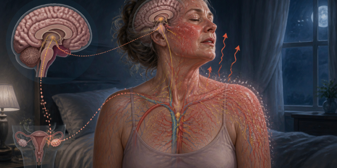 Mujer adulta con sudoración y enrojecimiento durante la noche, acompañada por ilustraciones del cerebro, el sistema nervioso, los vasos sanguíneos y el aparato reproductor.