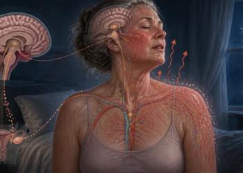 Mujer adulta con sudoración y enrojecimiento durante la noche, acompañada por ilustraciones del cerebro, el sistema nervioso, los vasos sanguíneos y el aparato reproductor.