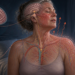 Mujer adulta con sudoración y enrojecimiento durante la noche, acompañada por ilustraciones del cerebro, el sistema nervioso, los vasos sanguíneos y el aparato reproductor.
