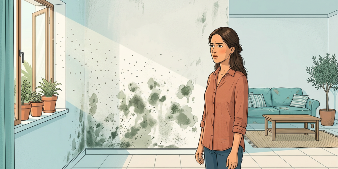 Ilustración de una mujer con expresión preocupada observando una pared cubierta de moho en su casa, con esporas flotando en la luz que entra por la ventana.
