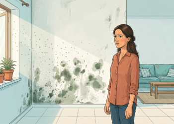 Ilustración de una mujer con expresión preocupada observando una pared cubierta de moho en su casa, con esporas flotando en la luz que entra por la ventana.