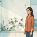 Ilustración de una mujer con expresión preocupada observando una pared cubierta de moho en su casa, con esporas flotando en la luz que entra por la ventana.