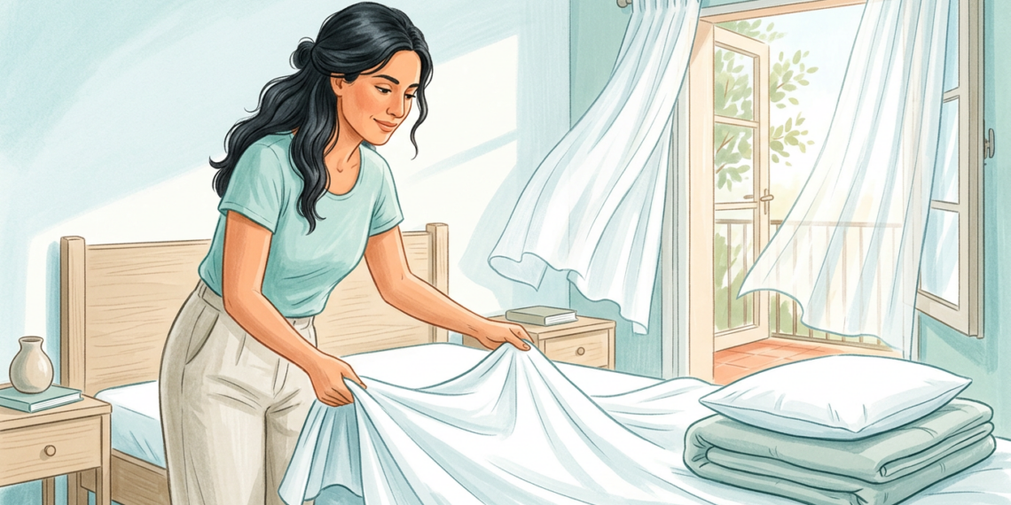 Ilustración de una mujer ventilando su habitación y cambiando las sábanas blancas de su cama.