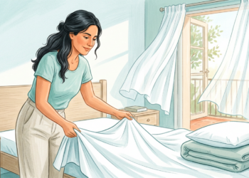 Ilustración de una mujer ventilando su habitación y cambiando las sábanas blancas de su cama.